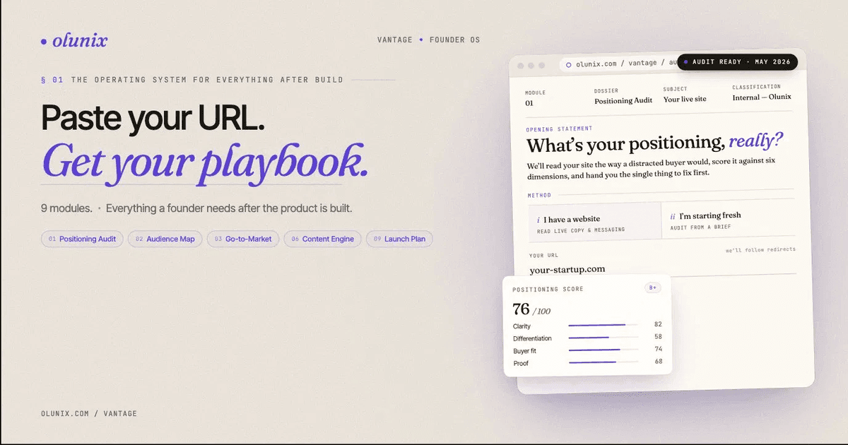 Vantage product artwork showing a positioning audit and playbook