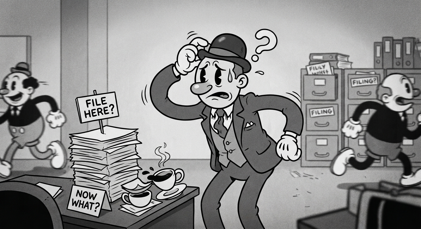 A confused businessman surrounded by chaos — everyone's busy, nothing's connected